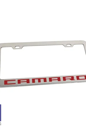License Plate Frame with Red Camaro Script; Polished Stainless Steel Direct From Manufacturer