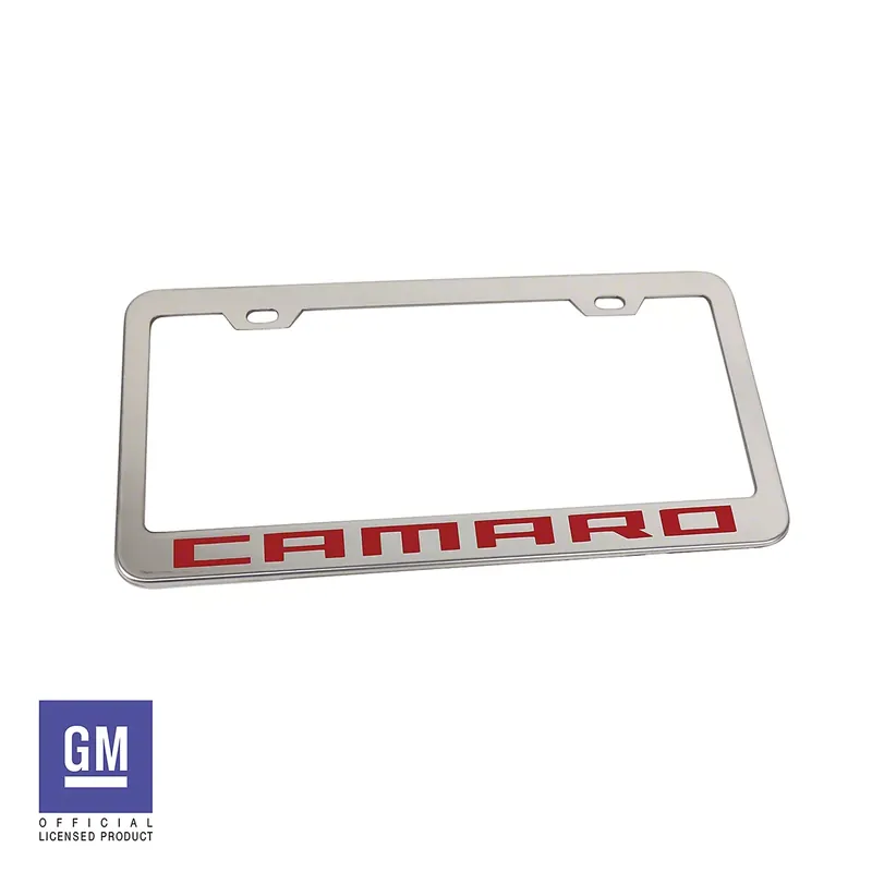 License Plate Frame with Red Camaro Script; Polished Stainless Steel Direct From Manufacturer