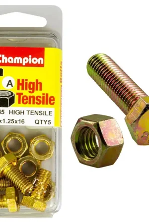 Best Price Champion Pack of 5 (5x Hex Set Screws, 5x Nuts) M8 x 16mm High Tensile Grade 8.8, Zinc Plated- BM45