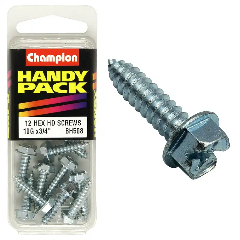 Crafted Champion Pack of 12 10G x 19mm Philips Slotted Combo Hex Head, Zinc Plated Self Tapping Screws - BH508