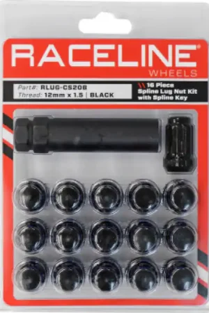 Low Price Raceline Spline Lug Nut Kit with Spline Key 12 x 1.5 - 16 Pack - Black